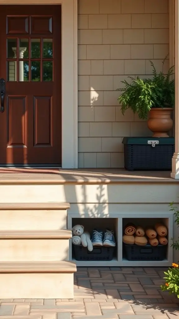 25+ Creative Porch Storage Ideas 12 Storage space under porch steps with baskets and a teddy bear