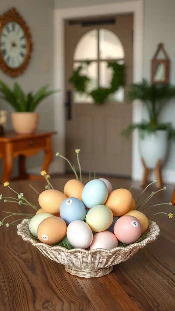 A woven basket filled with pastel colored eggs on a wooden table in an entryway.