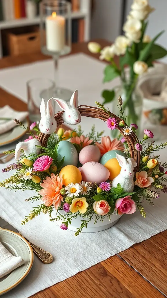 A whimsical wreath centerpiece featuring pastel eggs and bunnies surrounded by colorful flowers.