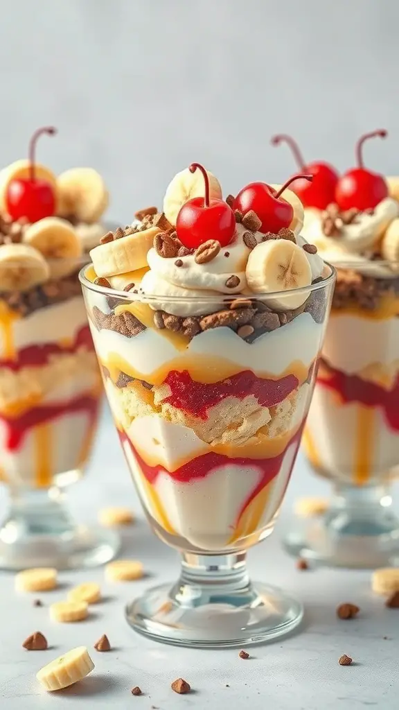Delicious banana split parfaits with layers of ice cream, bananas, whipped cream, and cherries.