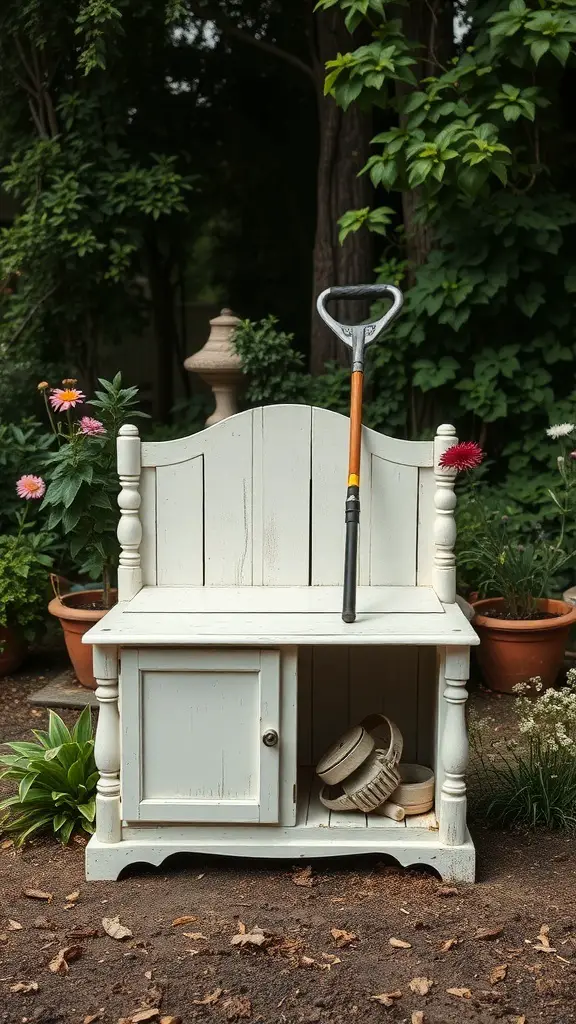 A white bench with a shovel, surrounded by flowers, used for weedeater storage.