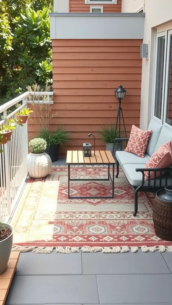 A small balcony featuring a cozy outdoor rug, stylish furniture, and plants.