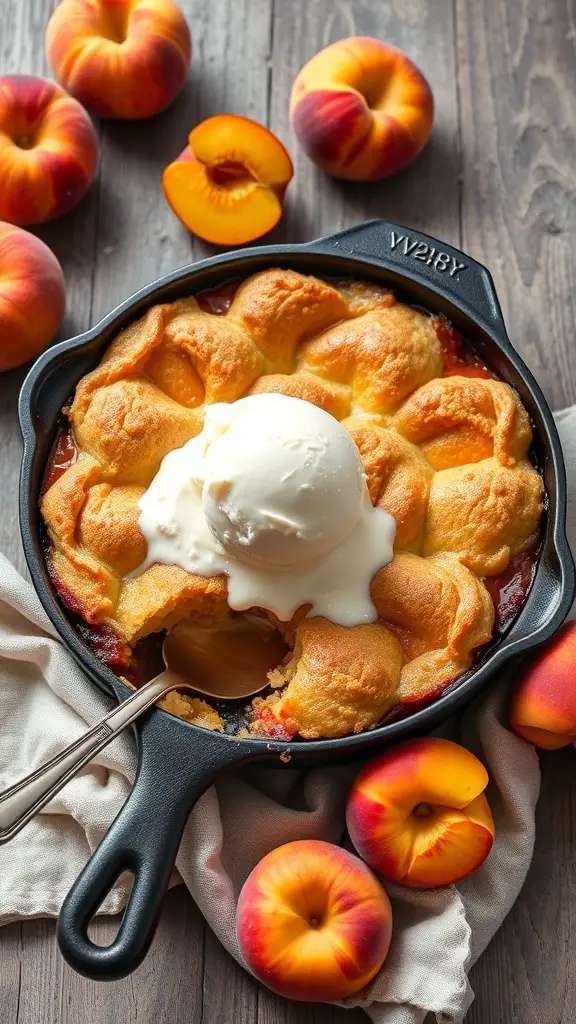 A warm peach cobbler cake topped with vanilla ice cream, surrounded by fresh peaches.