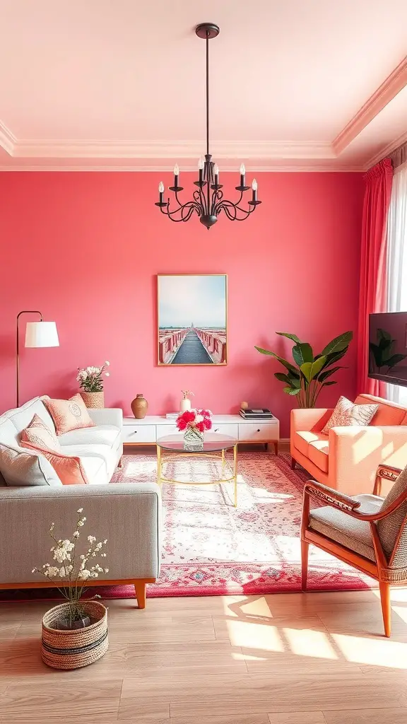 A cozy living room decorated in pink and red colors, featuring a gray sofa, orange chairs, and a stylish chandelier.