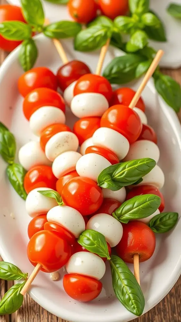 47+ Must-Try Easter Brunch Ideas for a Festive Celebration 10 Colorful Caprese salad skewers with cherry tomatoes, mozzarella balls, and basil leaves on a plate.