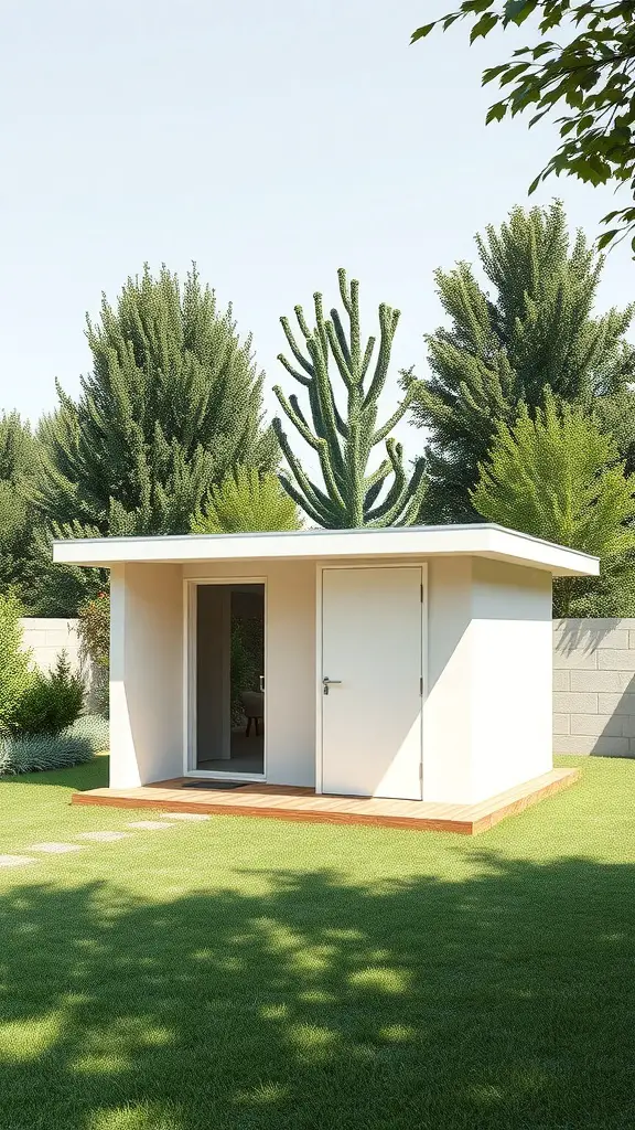 A modern minimalist shed with a flat roof and clean lines, surrounded by greenery.