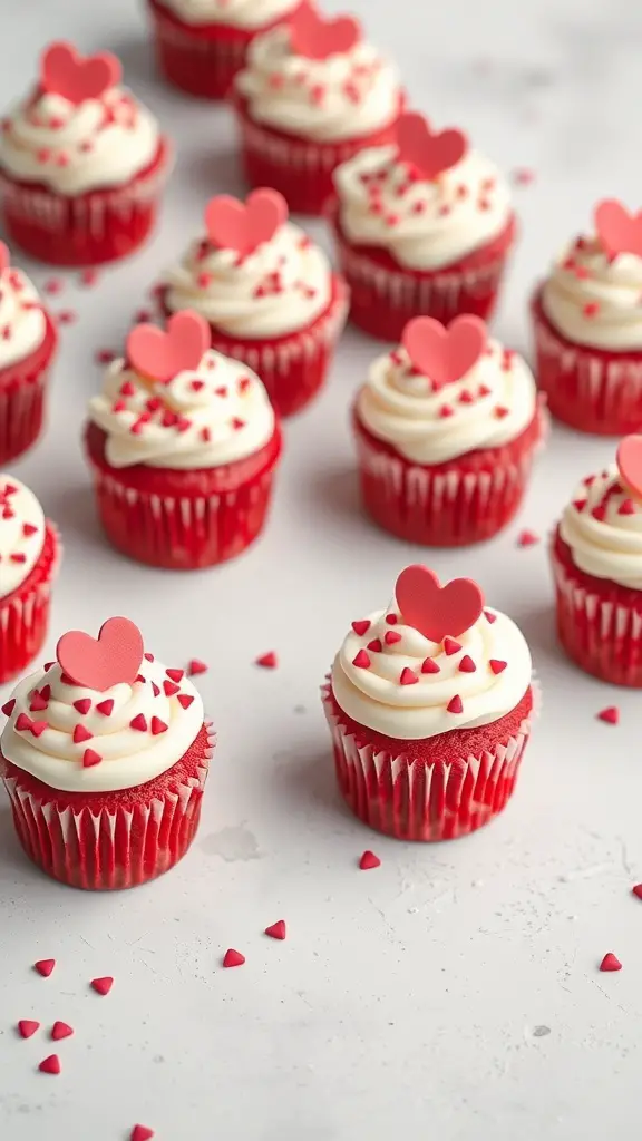Mini red velvet cupcakes with heart decorations