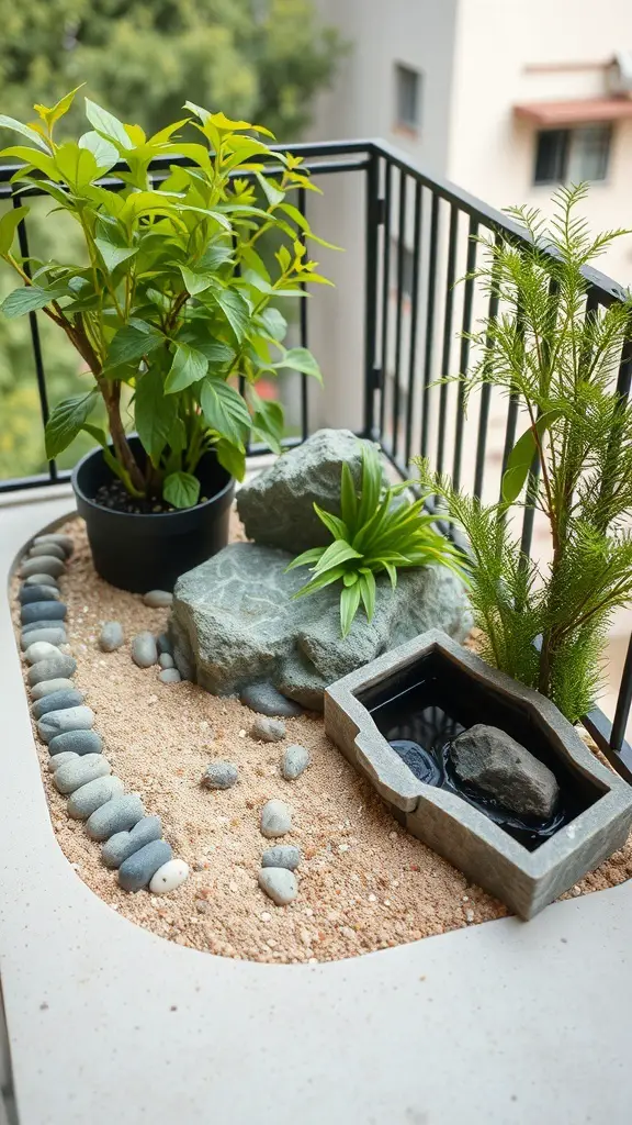 A miniature Zen garden on a balcony featuring plants, stones, and a small water feature.
