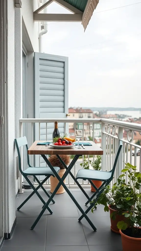 A small balcony with a lightweight folding table and chairs, featuring a bottle of wine and fresh fruits.