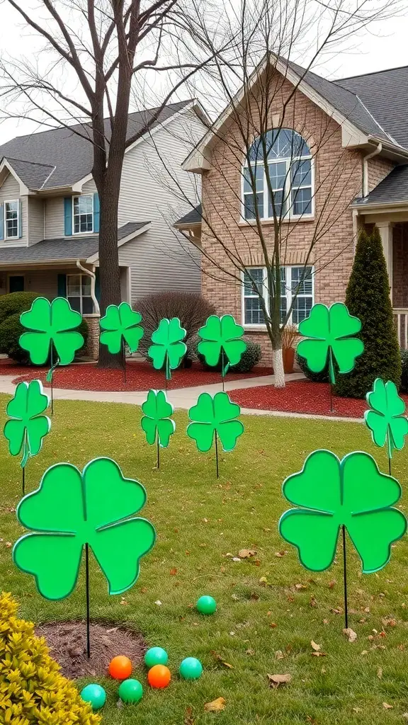 A lawn decorated with giant green shamrocks for St. Patrick's Day