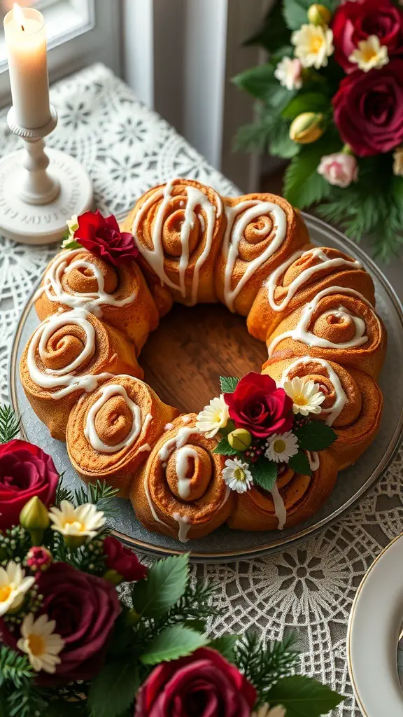 45+ Creative Mother's Day Brunch Ideas 10 A beautifully arranged cinnamon roll wreath decorated with flowers, perfect for Mother's Day brunch.