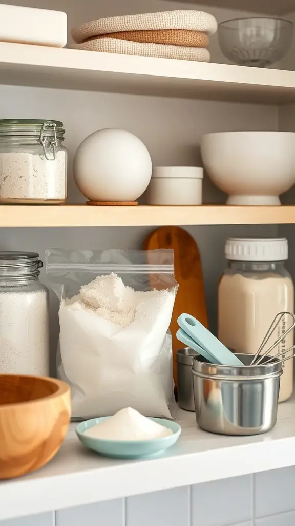 A neatly organized kitchen shelf displaying baking essentials like jars of flour and sugar, wooden bowls, and measuring utensils.