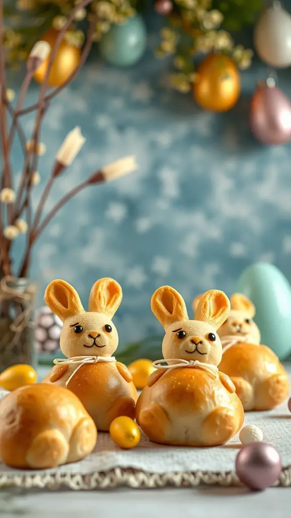 Adorable bunny-shaped bread rolls arranged on a table with Easter decorations.