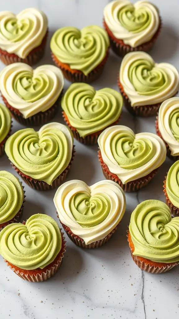 Heart-shaped matcha green tea cupcakes with creamy frosting