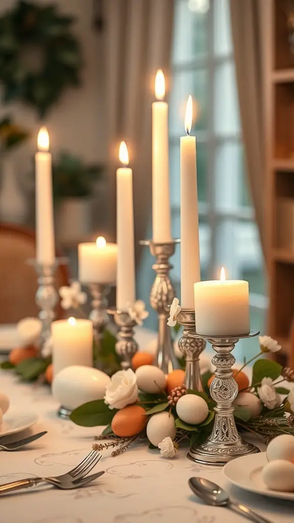 Easter-themed candle holders with white candles, silver holders, and decorative eggs and flowers on a table.