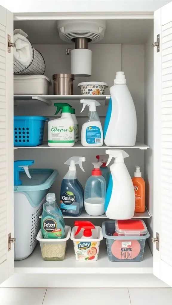 Organized under-sink cabinet with cleaning supplies and storage bins.