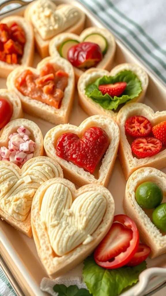 A tray of heart-shaped sandwiches with various fillings and toppings.