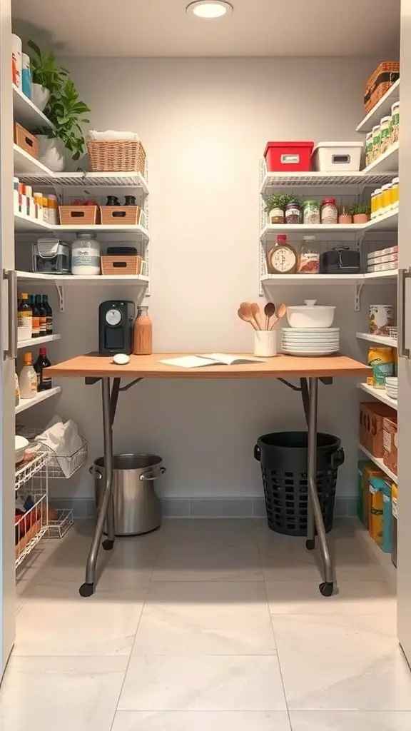 29+ Creative Small Pantry Ideas to Maximize Space 10 A small pantry with shelves filled with jars and a foldable table in the center.