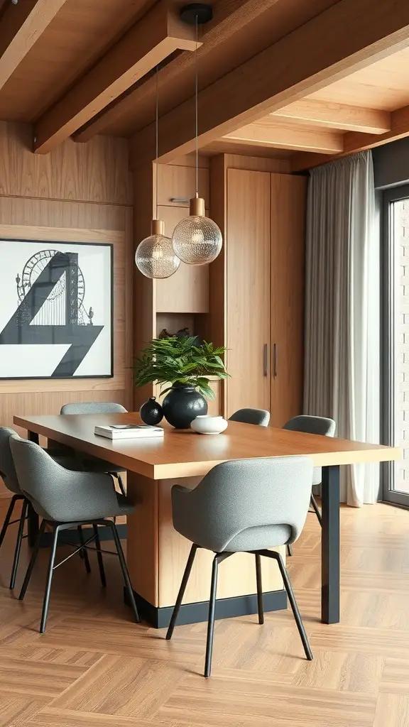 A modern dining table with stylish chairs and a warm wooden finish.