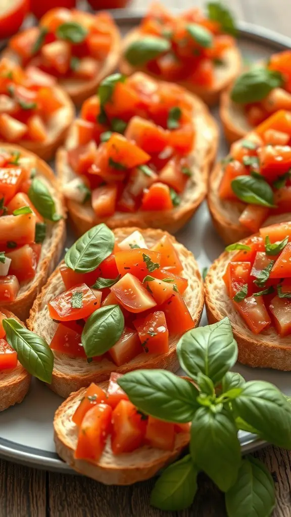 A plate of homemade bruschetta topped with diced tomatoes and basil leaves.