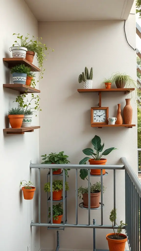 29+ Creative Balcony Storage Ideas 8 Wall-mounted shelves displaying various plants and decorative items on a balcony.