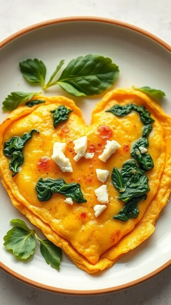 A heart-shaped omelette with spinach and feta on a plate, garnished with basil leaves.
