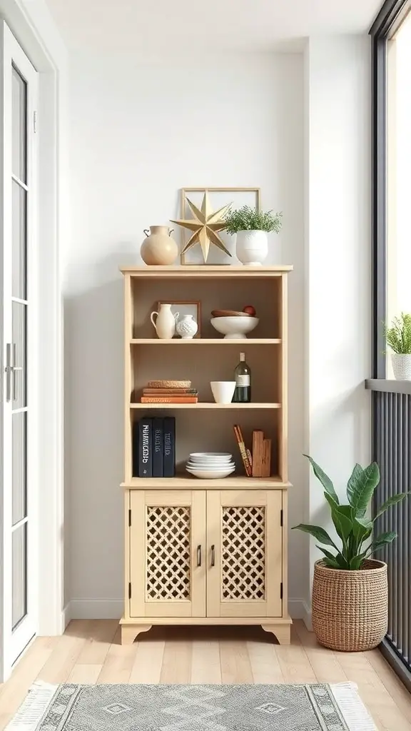 29+ Inspiring Balcony Cabinet Ideas 4 A compact wooden cabinet with open shelves and closed storage, placed in a bright corner of a balcony.