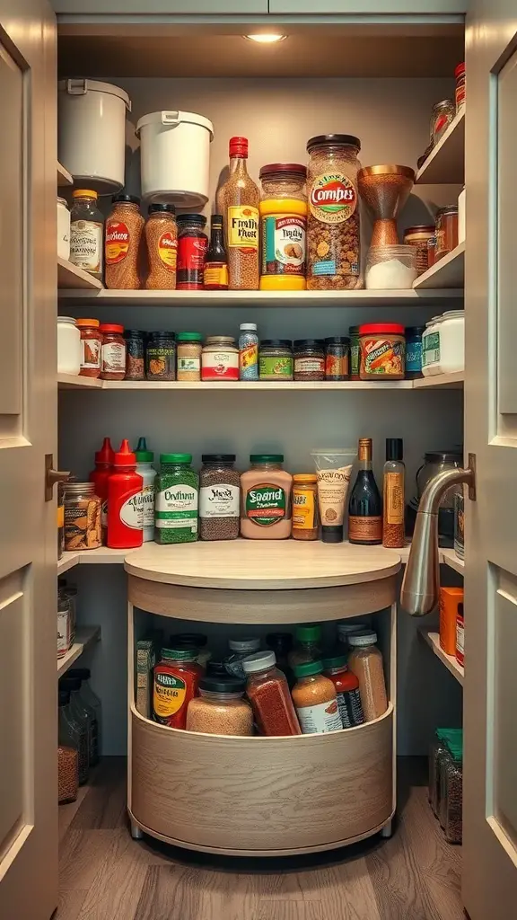 27+ Creative Corner Kitchen Pantry Ideas to Maximize Your Space 9 A corner kitchen pantry featuring a lazy Susan filled with various jars and bottles.