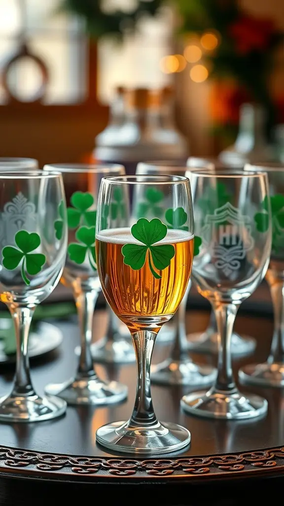 A collection of themed glassware with shamrock designs, featuring a glass filled with a golden drink.