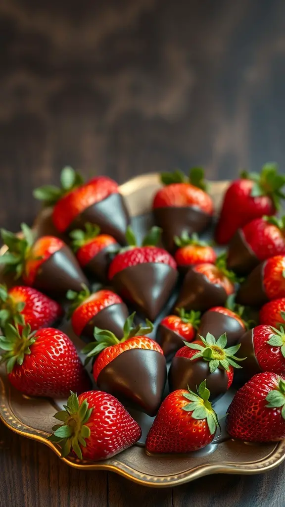 A plate of chocolate-covered strawberries arranged in heart shapes.