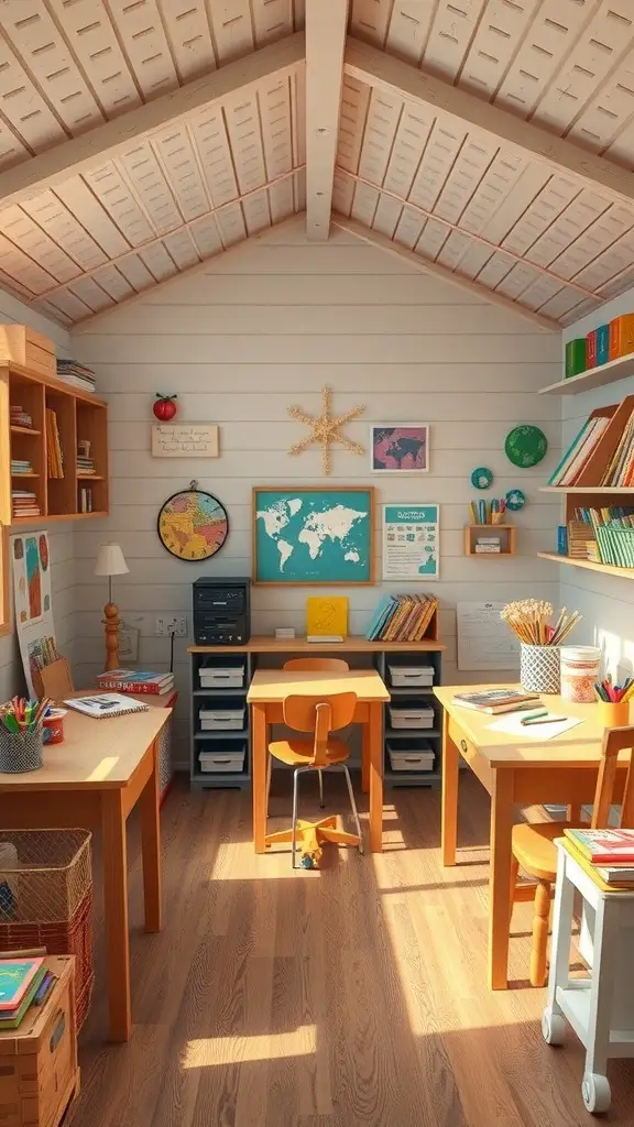 A bright and organized home schooling space for children in a studio shed.
