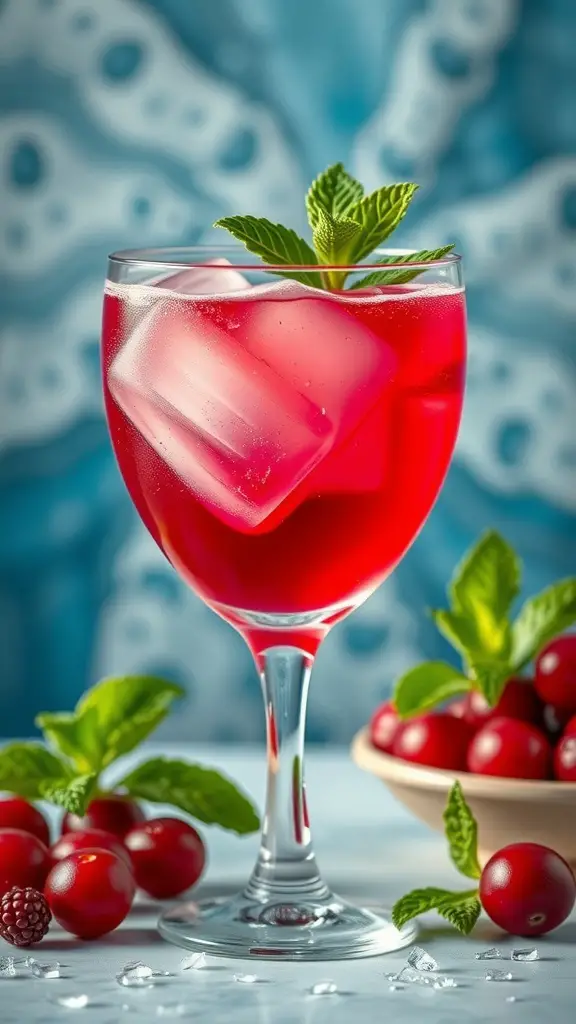 A glass of Cupid's Cranberry Kiss drink with ice and mint leaves, surrounded by fresh cranberries.