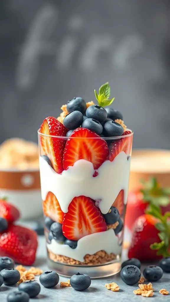 49+ Delicious Spring Breakfast Ideas to Brighten Your Morning 5 A berry and yogurt parfait in a clear glass with layers of yogurt, strawberries, blueberries, and granola.