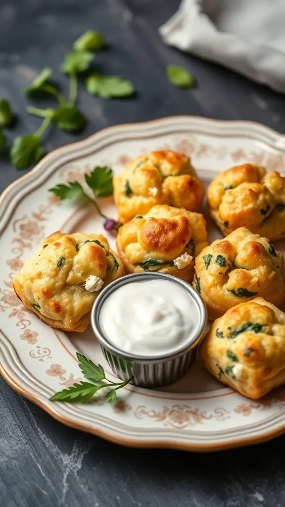 Savory spinach and feta puffs on a decorative plate with a side of dipping sauce.