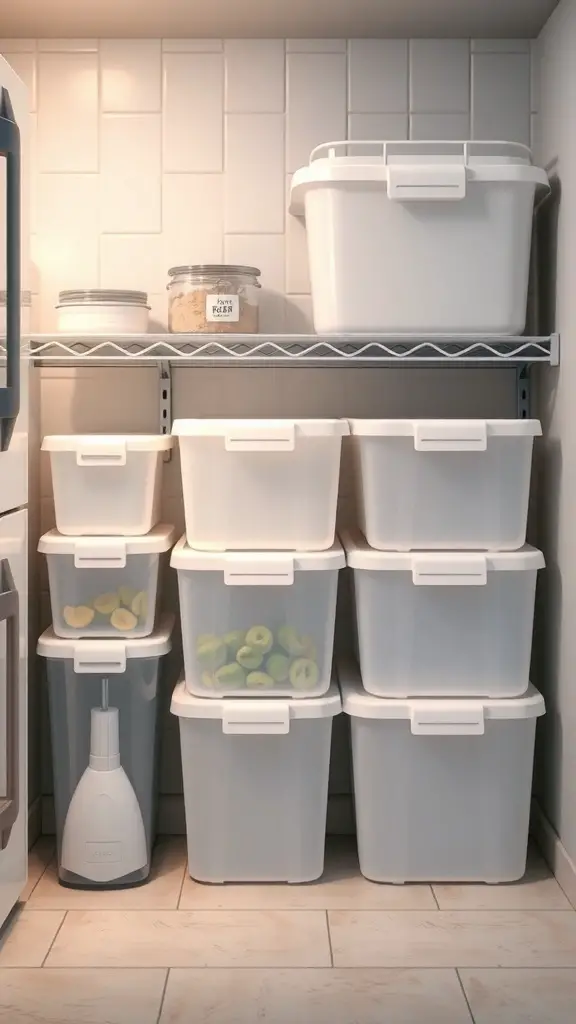 Neatly arranged plastic storage boxes on a shelf