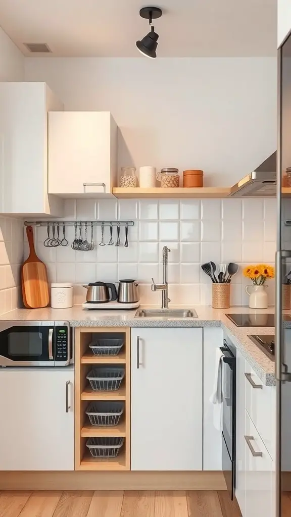 A compact kitchen featuring white cabinets, a small sink, and organized storage solutions.