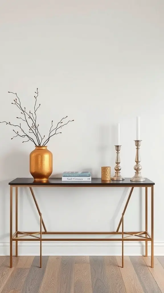 27+ Stunning Console Table Decor Ideas You Need to Try 12 A stylish console table with a golden vase, silver candlesticks, and stacked books.