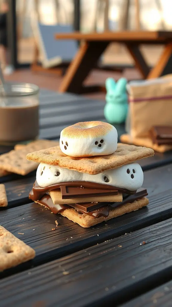 A stack of Marshmallow Peep S'mores with graham crackers and chocolate