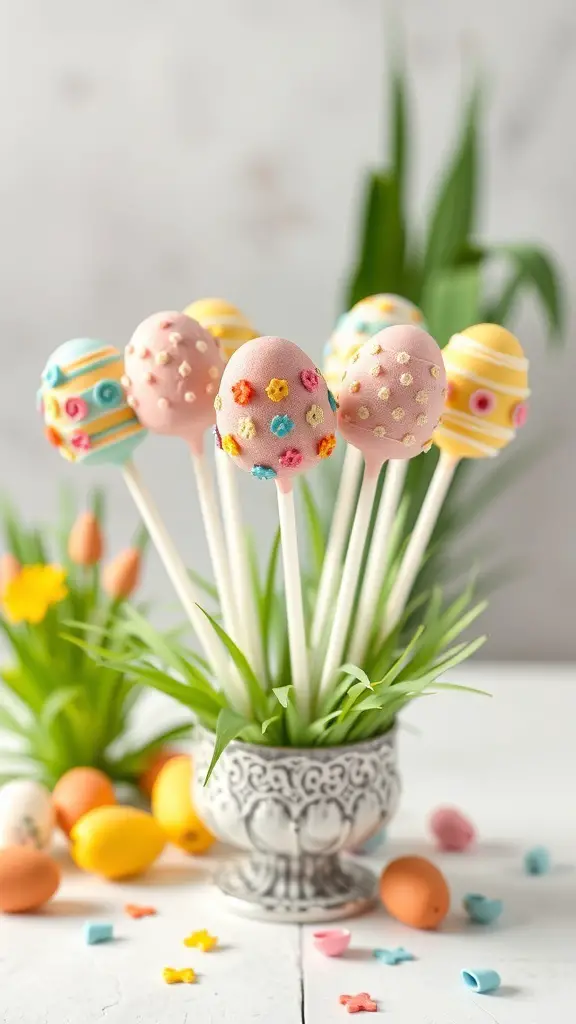 Colorful Easter Egg Cake Pops displayed in a decorative pot with grass.
