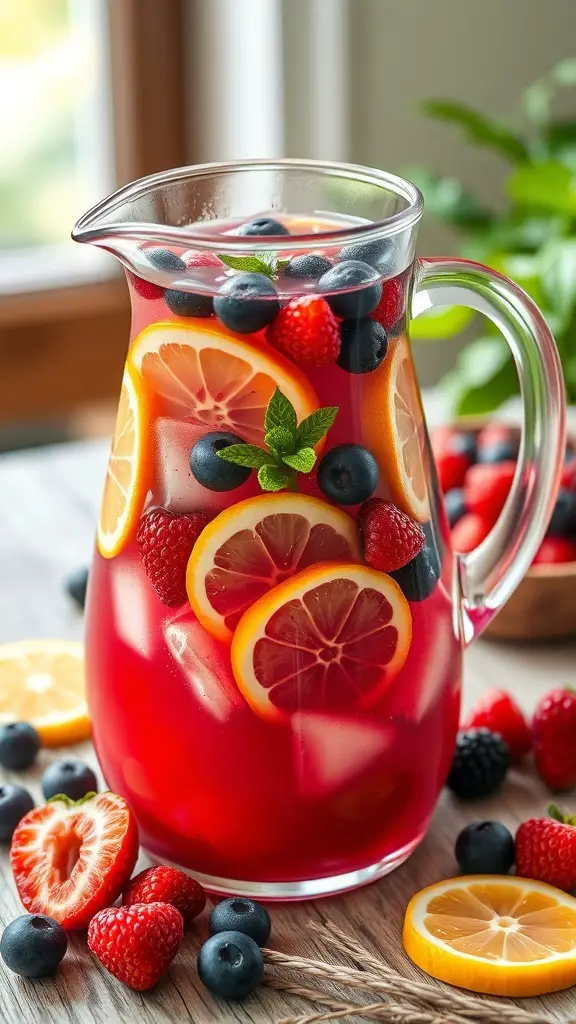 A pitcher of Sangria Rosé with fresh berries and citrus slices