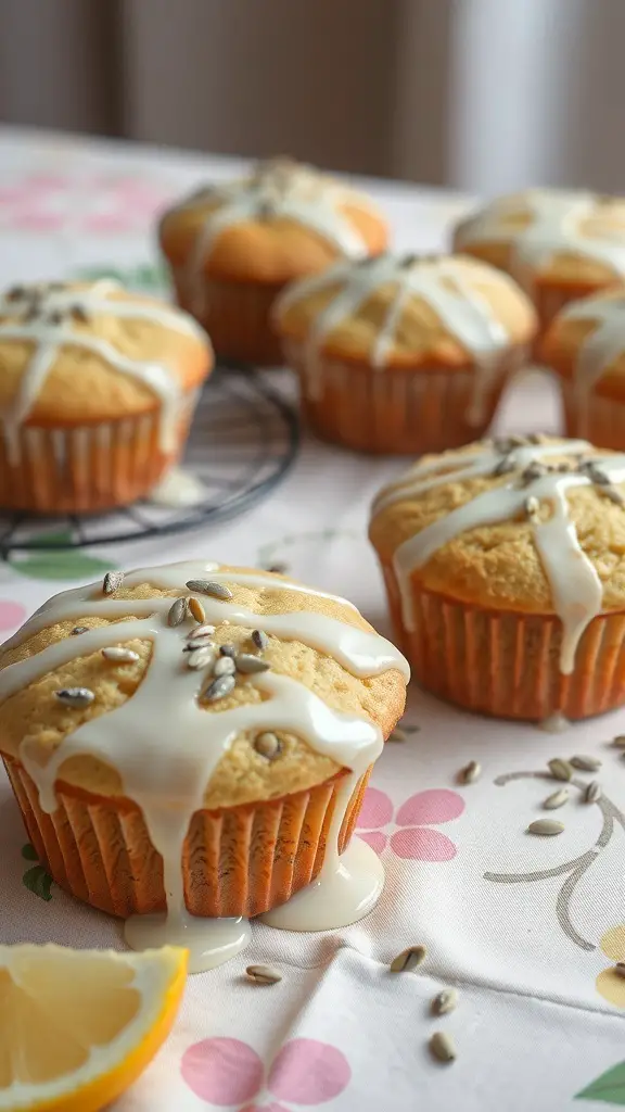 Lemon poppy seed muffins drizzled with glaze on a table with a lemon slice