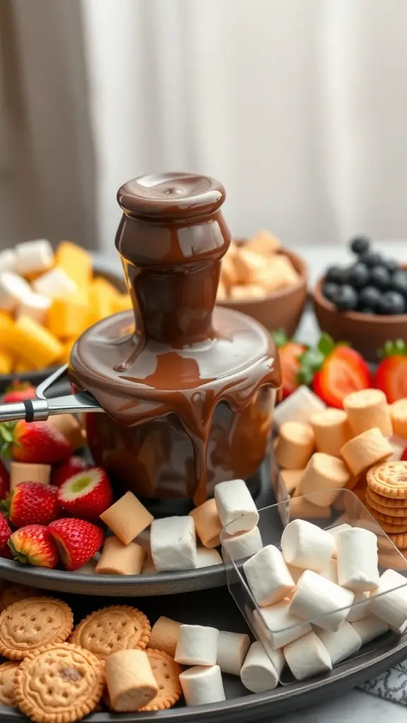 A chocolate fondue fountain surrounded by various dippables like strawberries, marshmallows, and cookies.