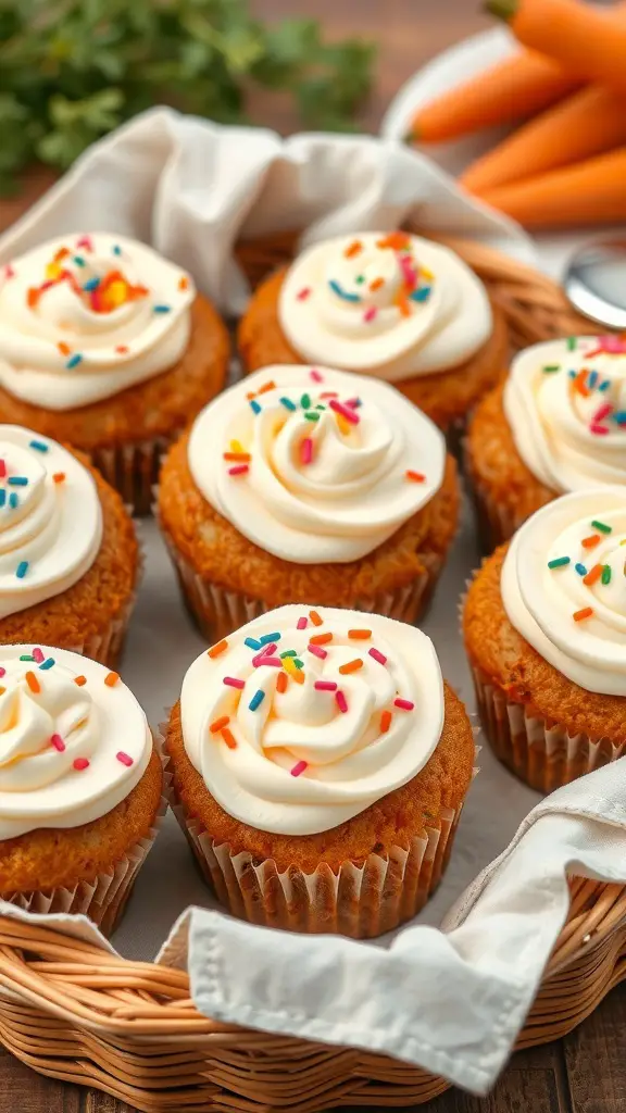 47+ Must-Try Easter Brunch Ideas for a Festive Celebration 13 A basket of carrot cake muffins topped with cream cheese frosting and colorful sprinkles.