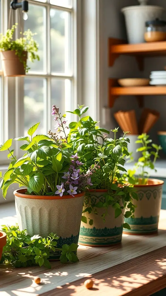 23+ Inspiring Kitchen Counter Styling Ideas to Elevate Your Space 6 A kitchen counter with potted herbs, including basil and mint, arranged in decorative pots.
