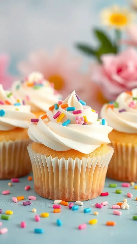 Vanilla bean cupcakes topped with white frosting and colorful sprinkles, surrounded by flowers.