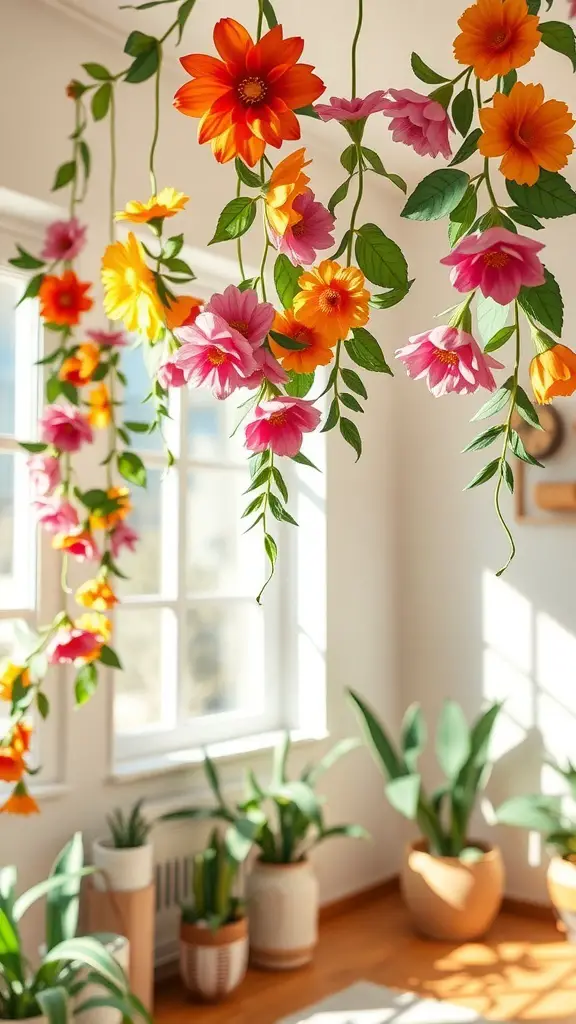 Colorful spring garland with flowers hanging in a bright room
