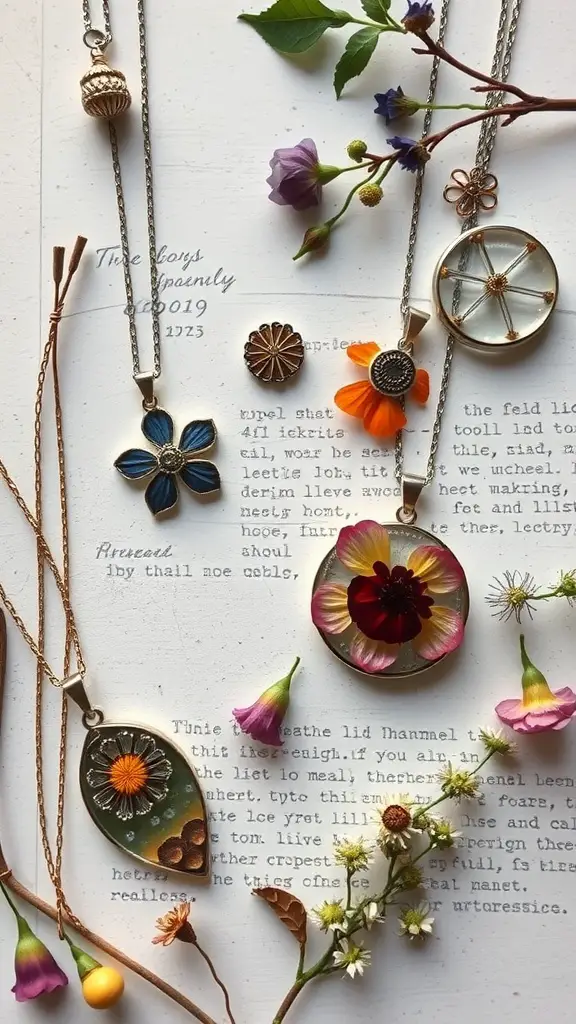A collection of nature-inspired jewelry pieces featuring floral designs and colorful elements on a textured background.