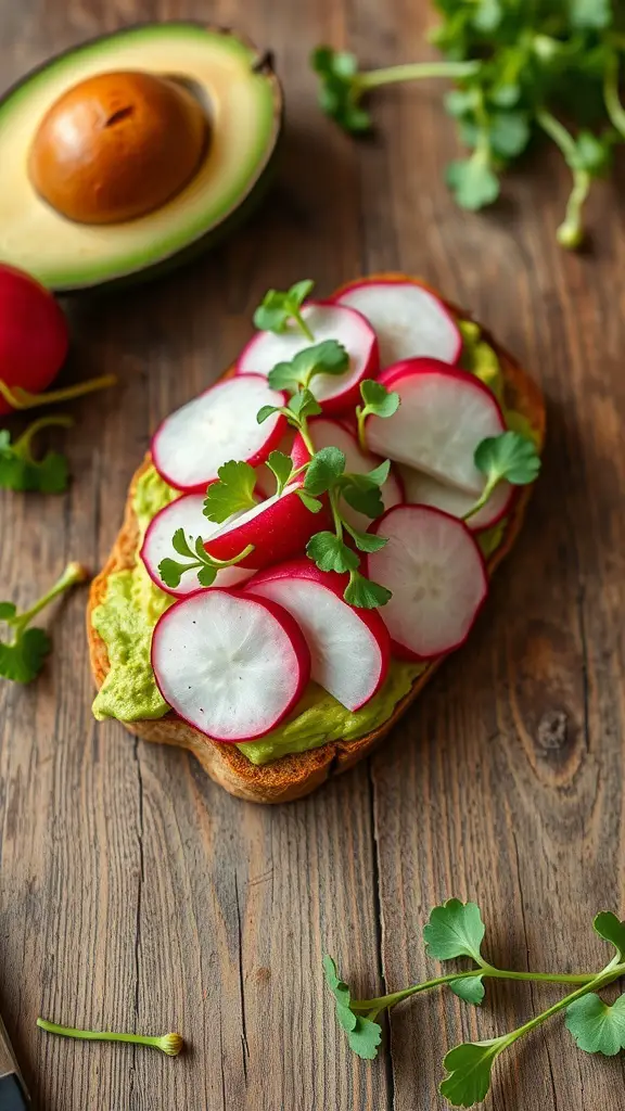 49+ Delicious Spring Breakfast Ideas to Brighten Your Morning 9 A slice of avocado toast topped with radishes and microgreens on a wooden table.