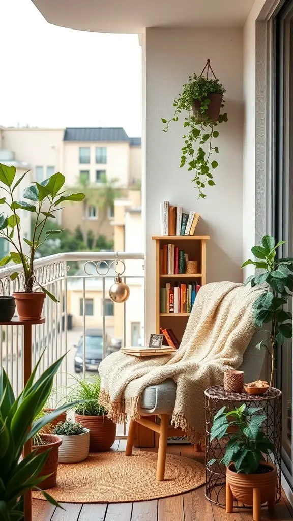 A cozy reading nook on a balcony with a chair, blanket, plants, and a bookshelf.