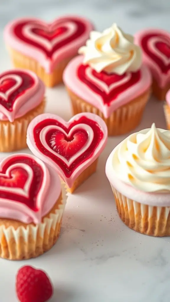 Heart shaped raspberry swirl cupcakes with creamy frosting